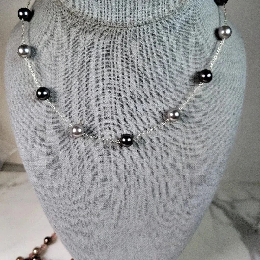 Roman Beaded Necklace Set Of 2  Signed Floating Faux Pearl Gray Peach Pi…